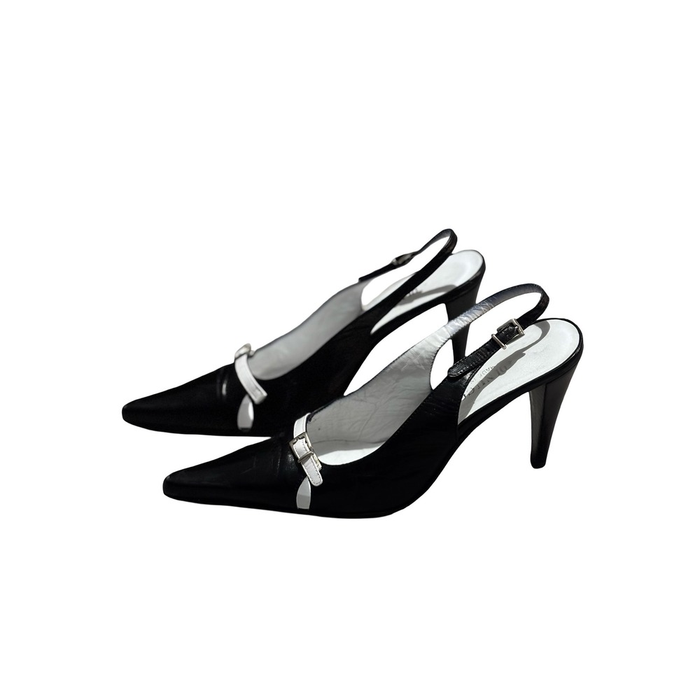 Di Nuccio Black White Leather Slingback Pointed Toe Heels Size 36.5 Italy